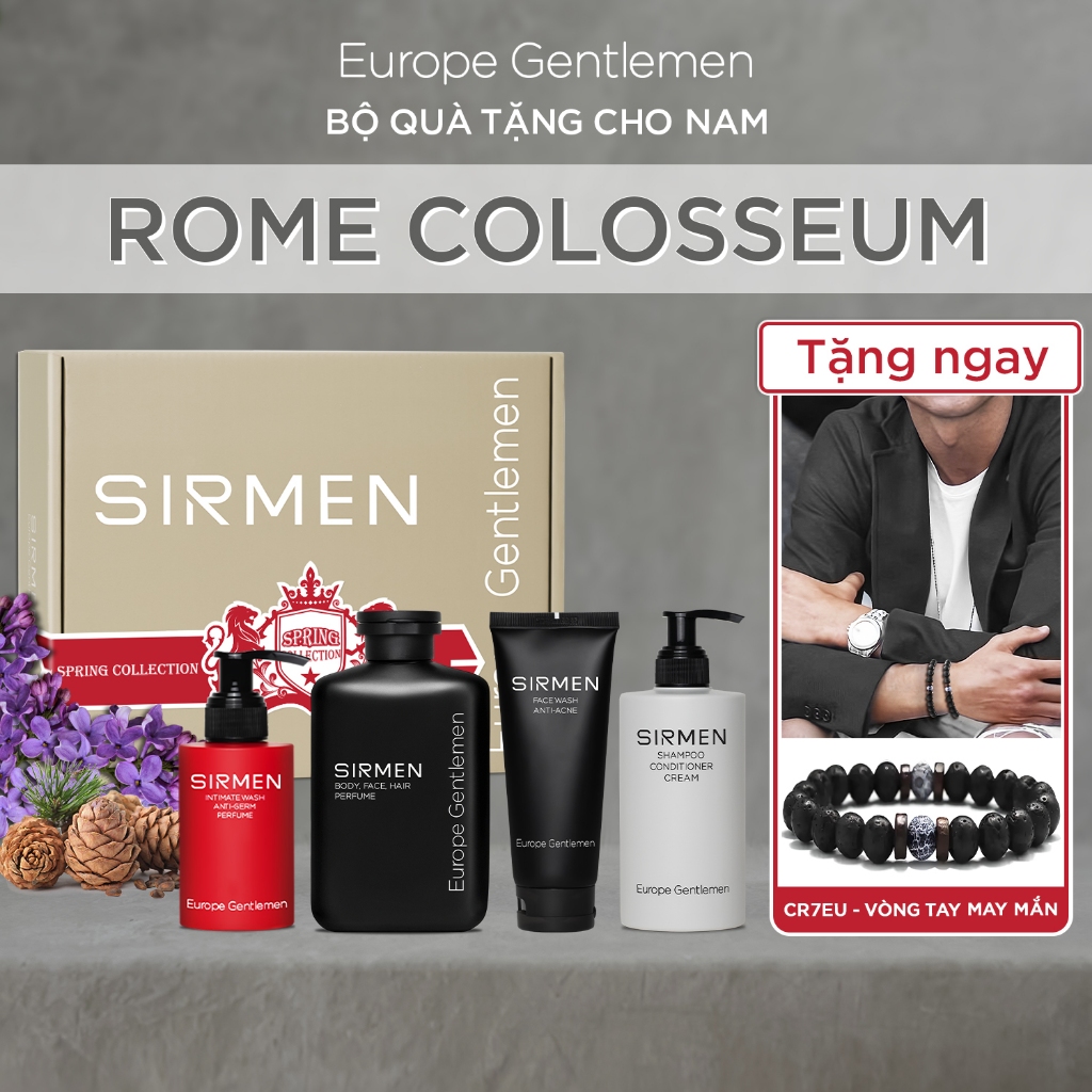GIFTBOX Combo 4 - Rome Colosseum - Sữa tắm nam - Dầu gội xả dưỡng nam - Dung dịch vệ sinh và sữa rửa mặt nam SIRMEN