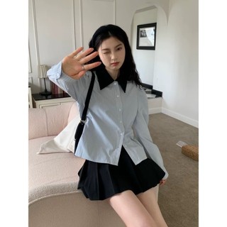 Áo sơ mi kẻ sọc xanh cổ đen phối cổ khuy chéo - 247store.vn - somikehk210_p8k7