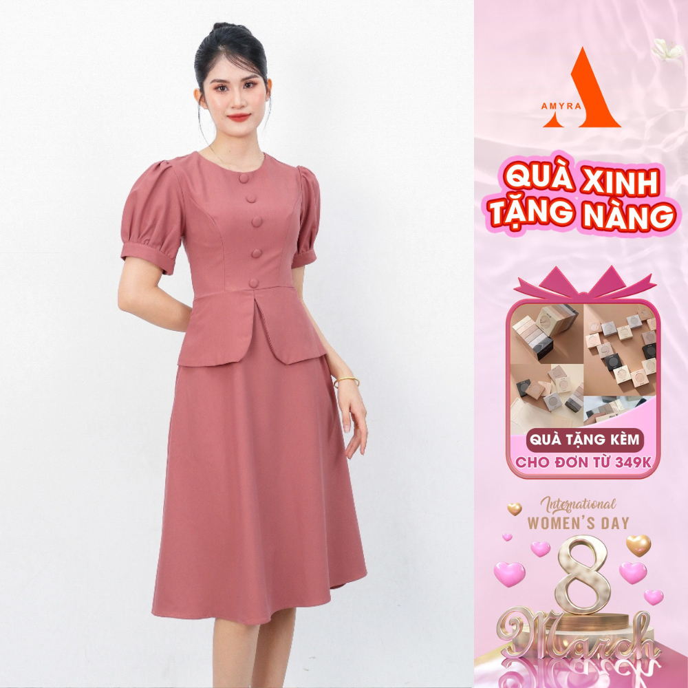 Đầm Xòe Công Sở Trung Niên Bigsize AMYRA , Thiết Kế Dáng Xòe Đính 5 Nút Đơn Giản Cao Cấp Phù Hợp Đi Làm Đi Tiệc DA204