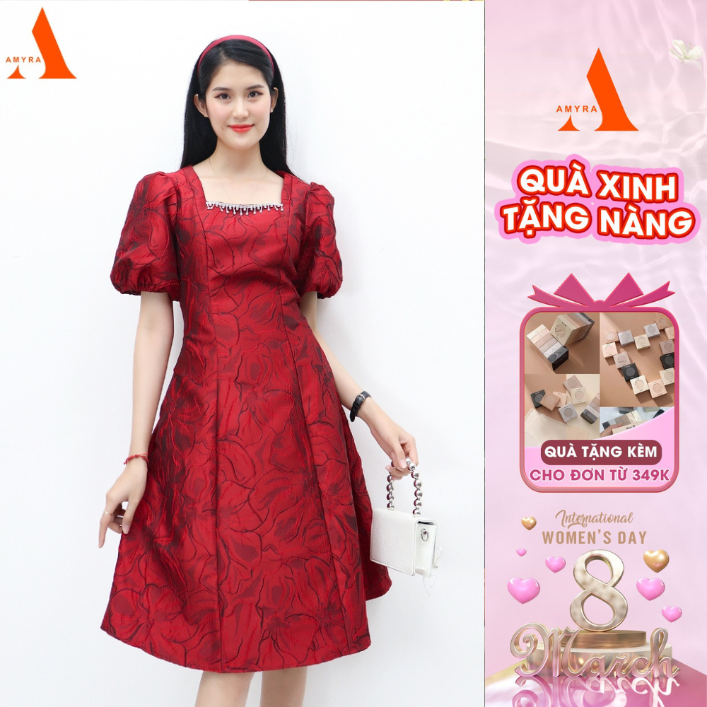 Váy Gấm Dự Tiệc Sang Trọng Bigsize AMYRA Mặc Tết, Thiết Kế Dáng Xòe Đứng Form Tay Phồng Cổ Vuông Cao Cấp DA113