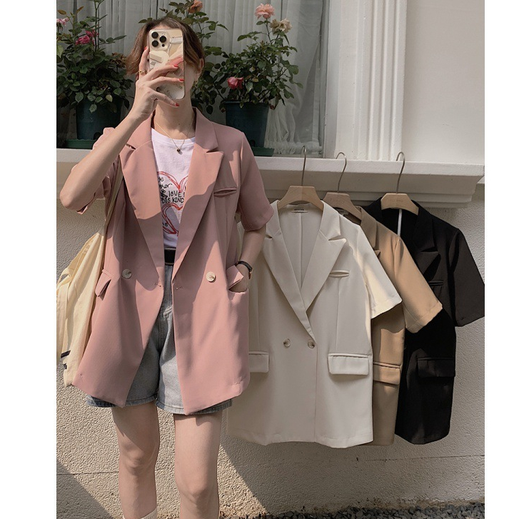 Áo blazer cộc tay khoác ngoài vest nữ cổ V form rộng chất vải tuyết mưa mặc mùa hè đi làm công sở th