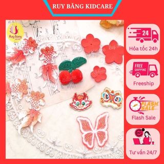 Miếng vải thêu,miếng dán TẾT hình rồng,bông hoa dùng phụ kiện may mặc,kẹp tóc handmade, DIY, hoa màu đỏ làm băng đô