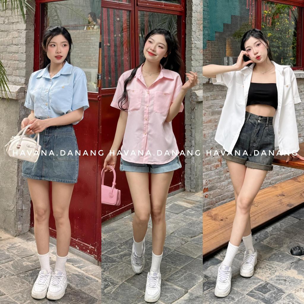 Áo sơ mi basic túi vuông phối cúc vàng HAVANA AO193