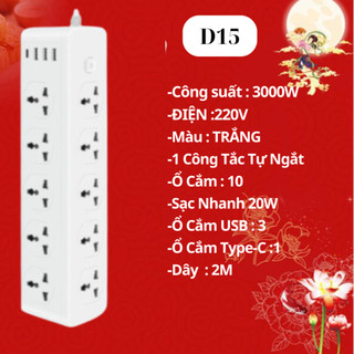Ổ điện Đa năng D15  Công suất 3000w  Ổ cắm Sạc USb-C  An toàn Chống cháy nổ. Bảo Hành 12 tháng