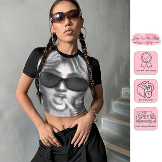 Áo phông in hình 3D cô gái đeo kính dáng croptop - 3 màu