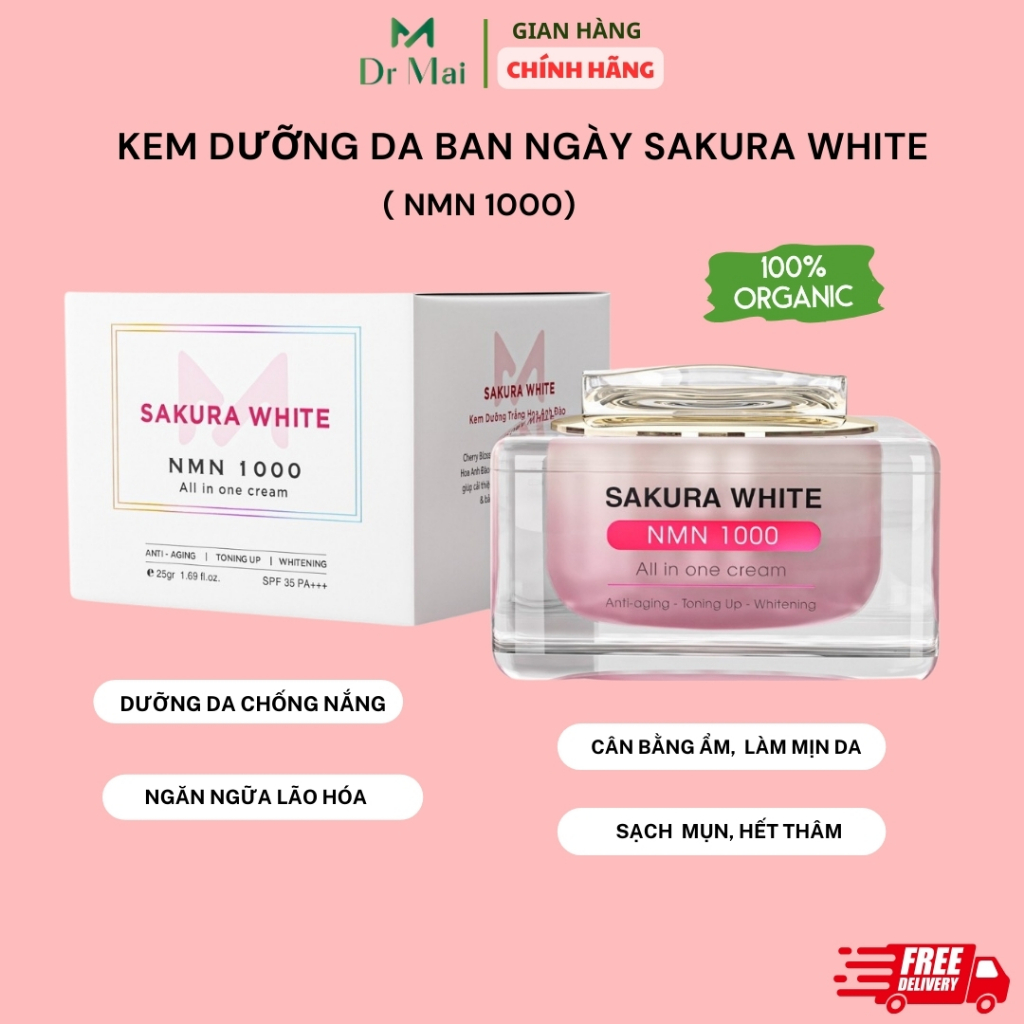 Dr Mai, Kem dưỡng trắng da chống nắng hoa anh đào Sakura White Nmn 1000,dưỡng da trắng sáng, ngăn lão hóa