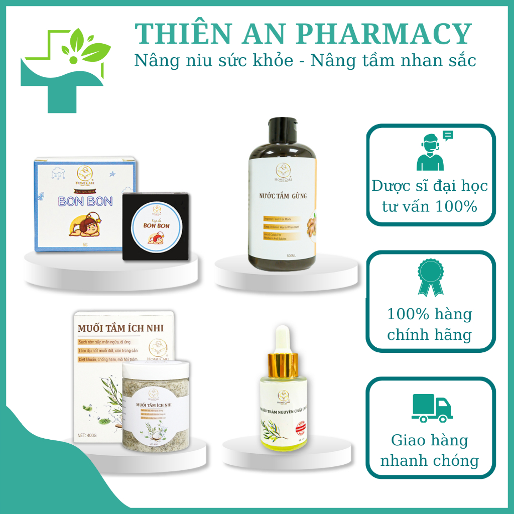 Combo sản phẩm chăm sóc bé Home Care (Kem hăm thảo dược Ích nhi, Tinh dầu tràm, Muối tắm thảo dược, Nước tắm gừng)