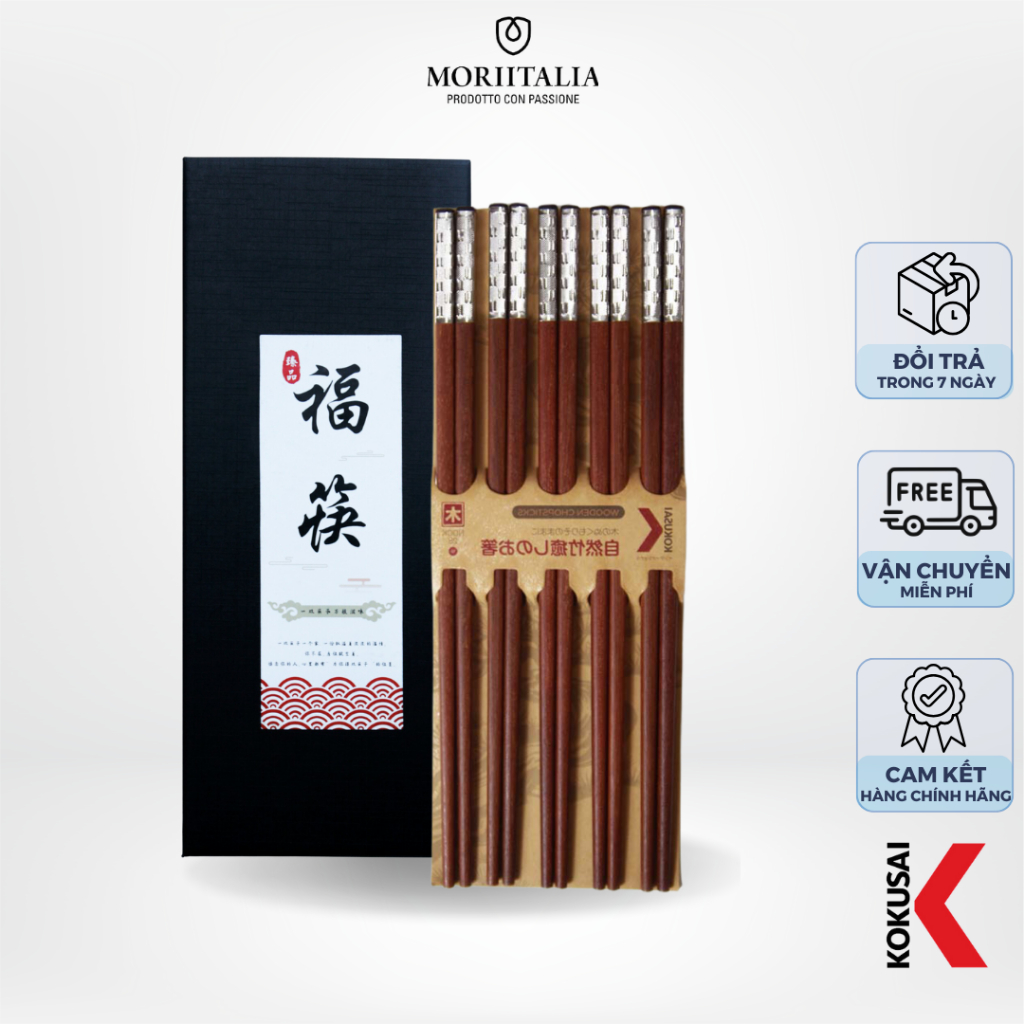 Vỉ 5 đôi Đũa Gỗ Hồng Vương Triều Kokusai an toàn, Dài 22cm, Chất liệu gỗ tự nhiên, Chống mốc - Moriitalia NDCK-25
