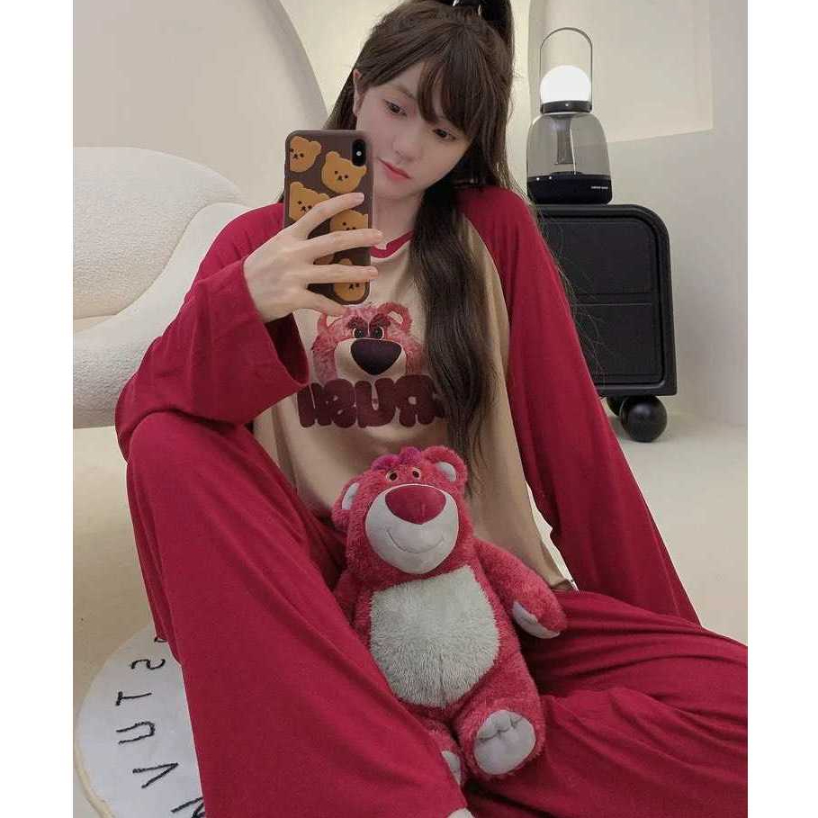 Set ủ kem, set đồ bộ thun cotton gân tăm lạnh in gấu quần ống rộng có túi kèm áo form rộng tay dài, đồ bộ nữ