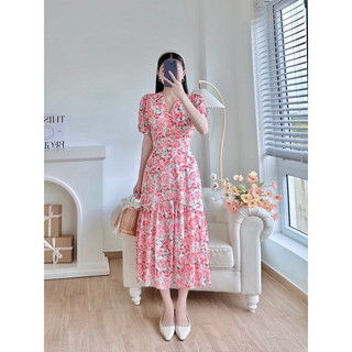 Flower maxi - đầm xoè hoa dáng dài cổ tim nút bọc
