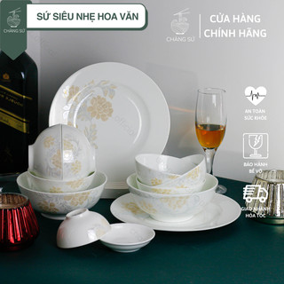 Set bát dĩa 12 món sứ xương hoa văn bắc âu cổ điển - Sứ xương siêu nhẹ Minh Châu