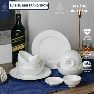 Bộ chén dĩa 12 món sứ xương trắng trơn hiện đại - Set bát đĩa sứ xương siêu nhẹ Minh Châu