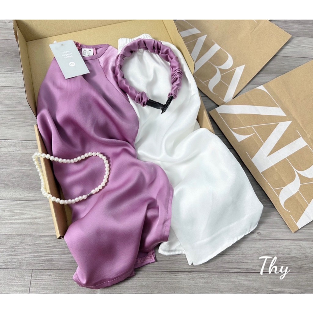 Set áo dài đỏ lụa mềm mại siêu mát bé gái kèm cài tóc và vòng hạt size 100-150