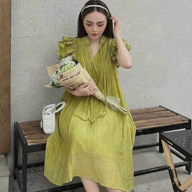 Váy bầu công sở von xanh nhẹ - đầm bầu suông màu xanh chất đũi xước