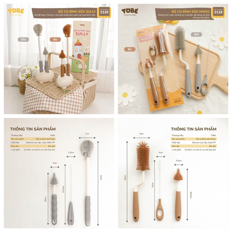 Bộ cọ rửa bình sữa silicon Tobé ( Set 4 chi tiết / Set 3 chi tiết)