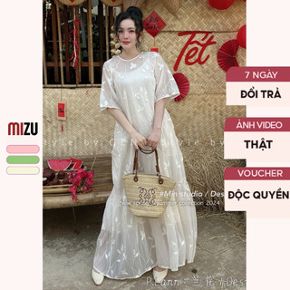 Váy babydoll tơ hoa thêu mizu - đầm gồm 1 váy 2 dây và 1 váy ngoài tay bồng - from rộng có bigsize nhiều mầu - vải tơ
