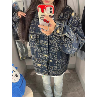 Áo Khoác Jean Rách In Họa Tiết Phong Cách Retro Mỹ Dành Cho Nam Nữ