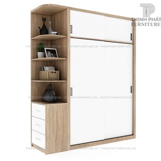 Tủ quần áo 2 tầng cửa lùa kết hợp kệ trang trí, 3 hộc kéo bên hông