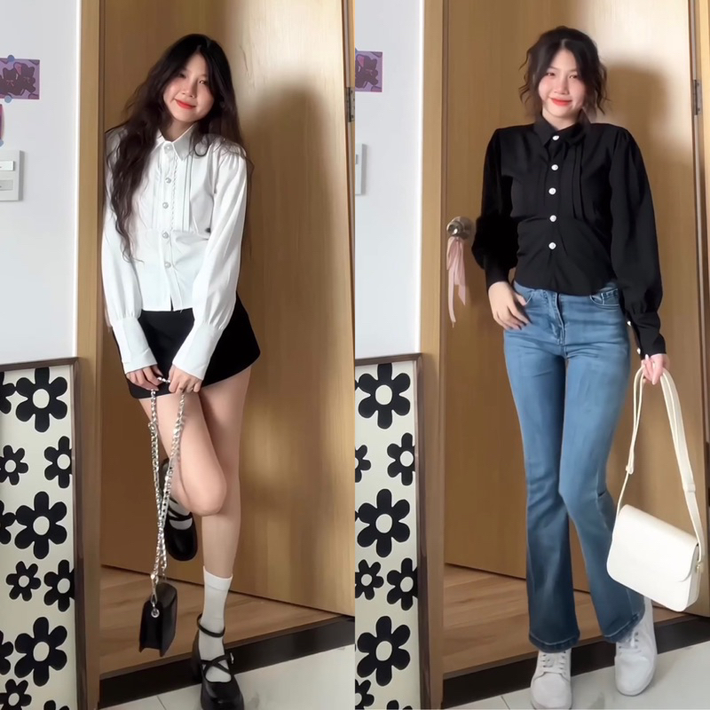Áo sơmi dài tay phối ren nút ngọc phong cách Hàn Quốc trẻ trung