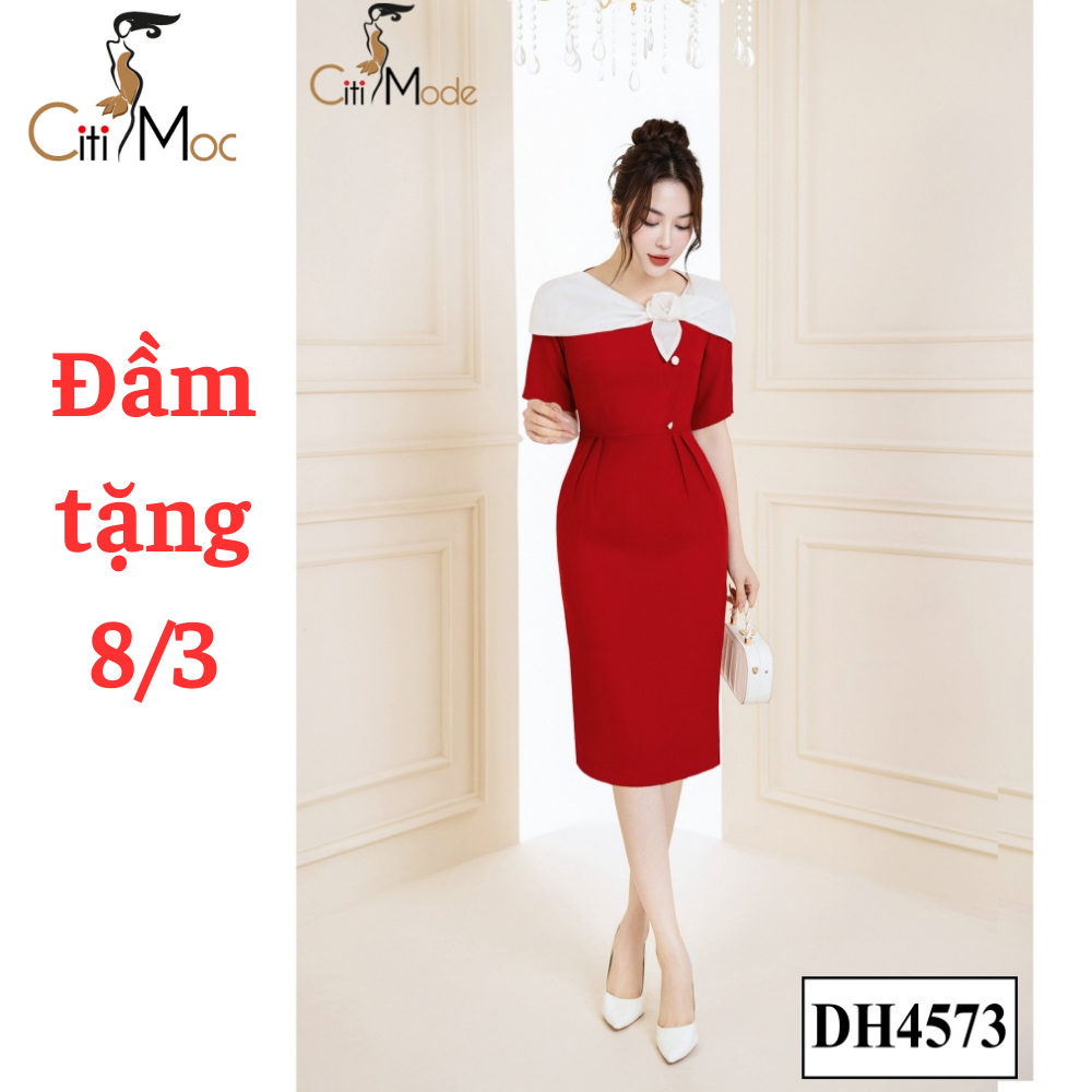Đầm công sở CITI MODE FASHION thiết kế dáng ôm đỏ phối tơ trắng đính hoa DH4573