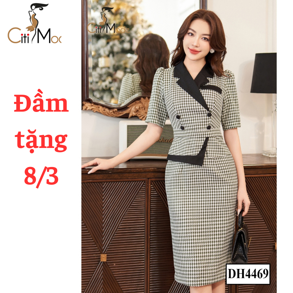 Đầm công sở CITI MODE FASHION thiết kế dáng ôm dạ kẻ xanh rêu peplum cổ vest DH4469