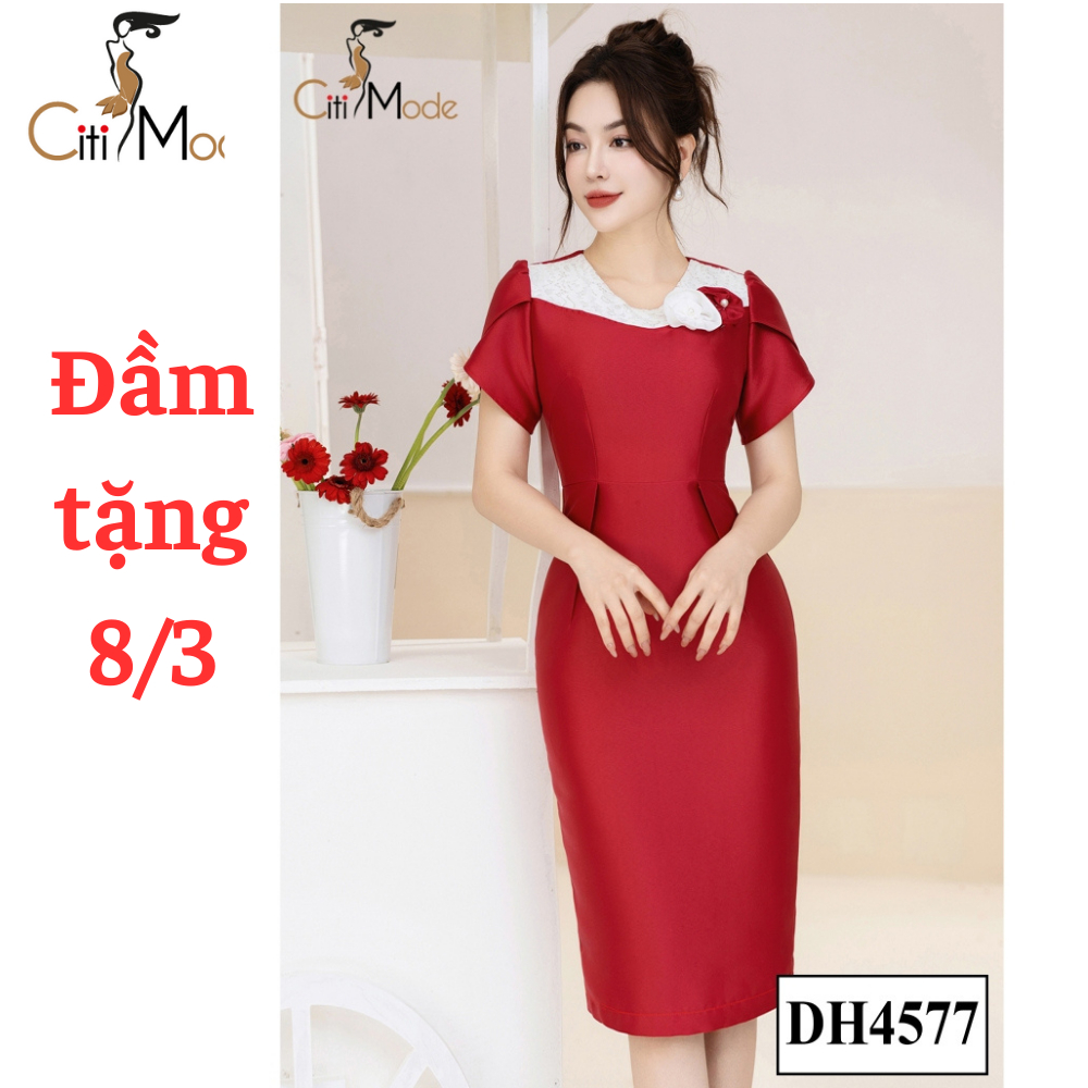 Đầm công sở CITI MODE FASHION thiết kế dáng ôm đỏ tafta phối cổ ren trắng đính hoa DH4577