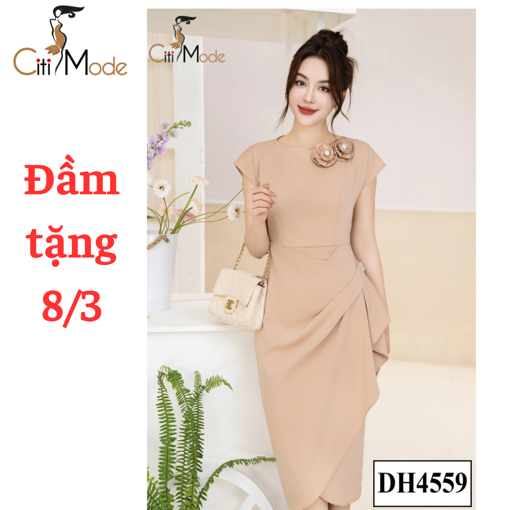 Đầm công sở CITI MODE FASHION thiết kế dáng ôm vàng vạt hông tay chờm đính hoa vai DH4559