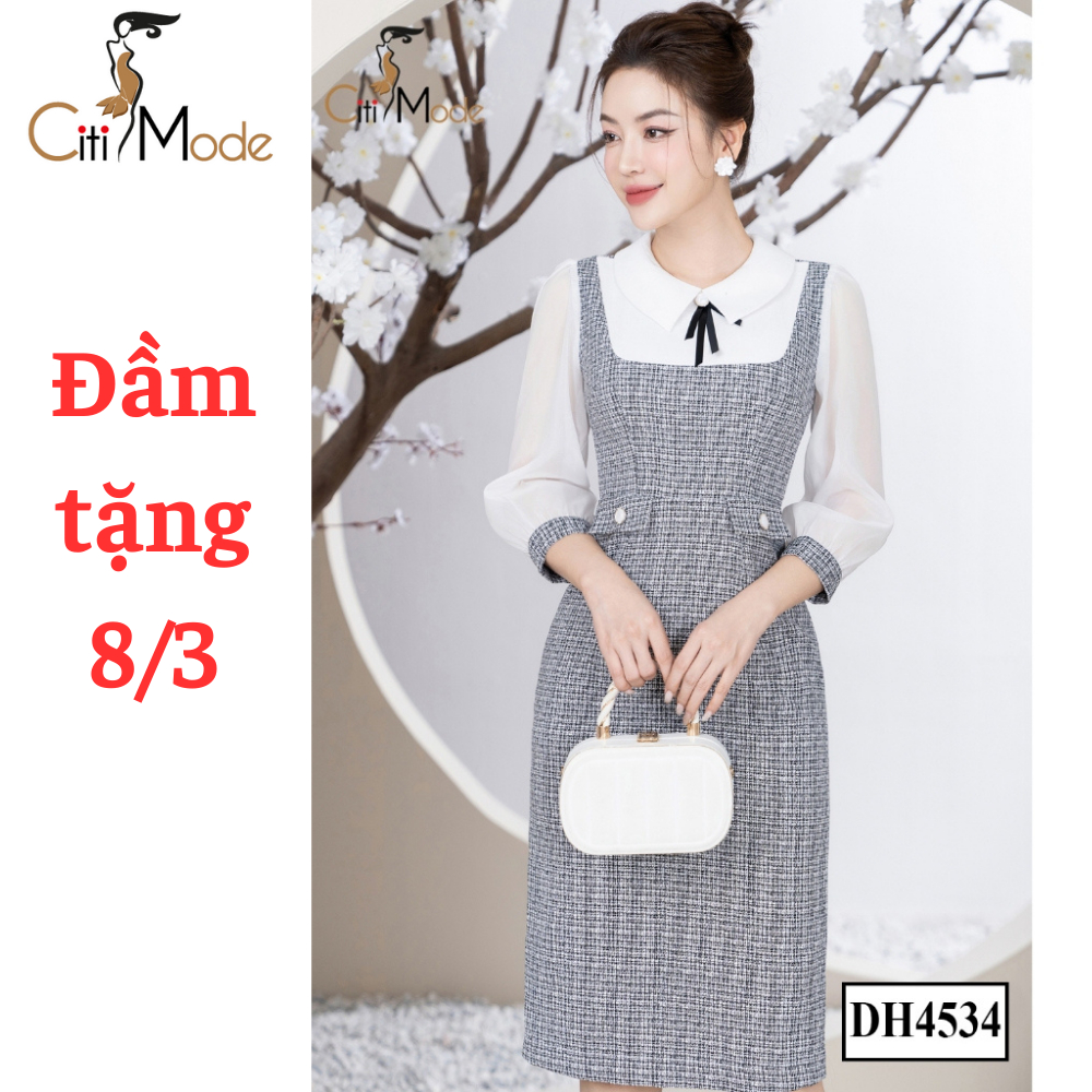 Đầm công sở CITI MODE FASHION thiết kế dáng ôm dạ tweed phối tay voan lỡ DH4534