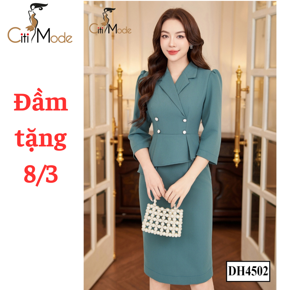 Đầm công sở CITI MODE FASHION thiết kế dáng ôm peplum xanh cổ bẻ ve DH4502
