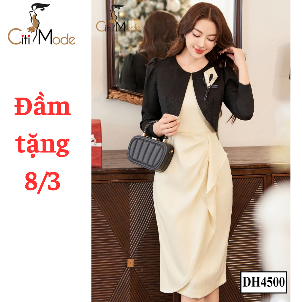 Đầm công sở CITI MODE FASHION thiết kế ôm trắng tà eo phối áo ngoài đen DH4500