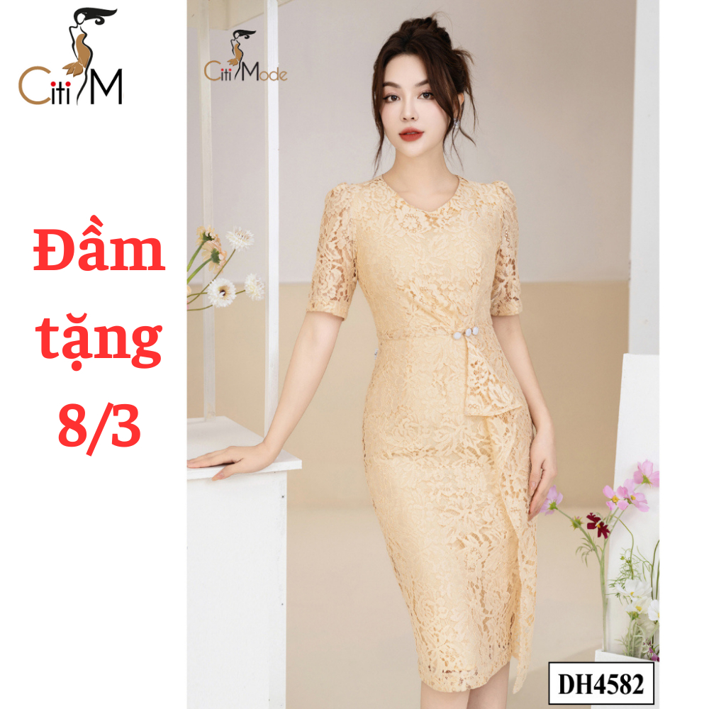 Đầm công sở CITI MODE FASHION thiết kế dáng ôm ren vàng nhún vạt hông đính cúc DH4582