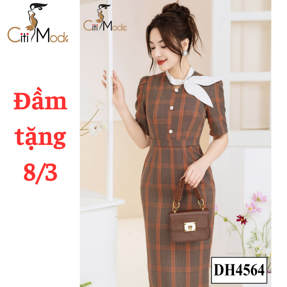 Đầm công sở CITI MODE FASHION thiết kế dáng ôm kẻ nâu cam phối cổ nơ trắng DH4564