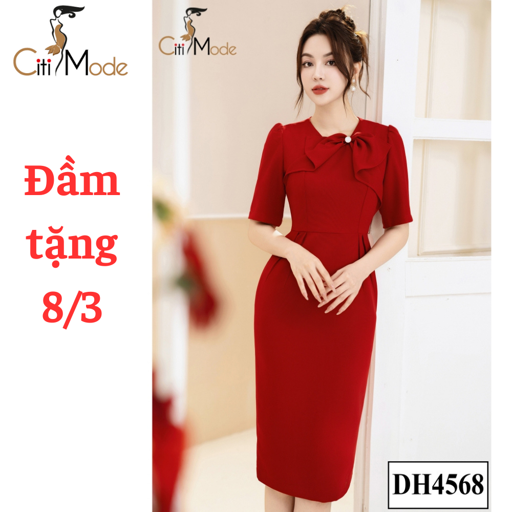 Đầm công sở CITI MODE FASHION thiết kế dáng ôm đỏ tay lỡ phối nơ ngực DH4568