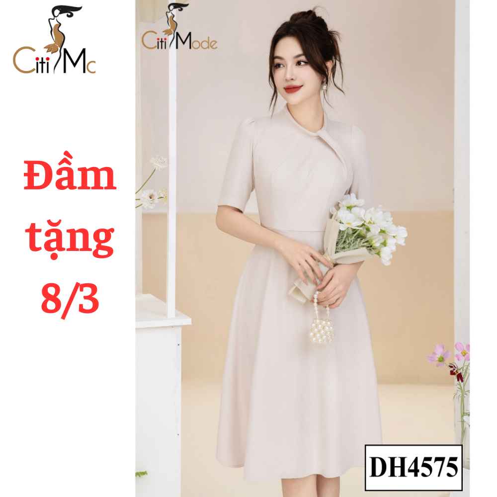 Đầm công sở CITI MODE FASHION thiết kế dáng xoè trắng cổ xoắn đính ngọc DH4575