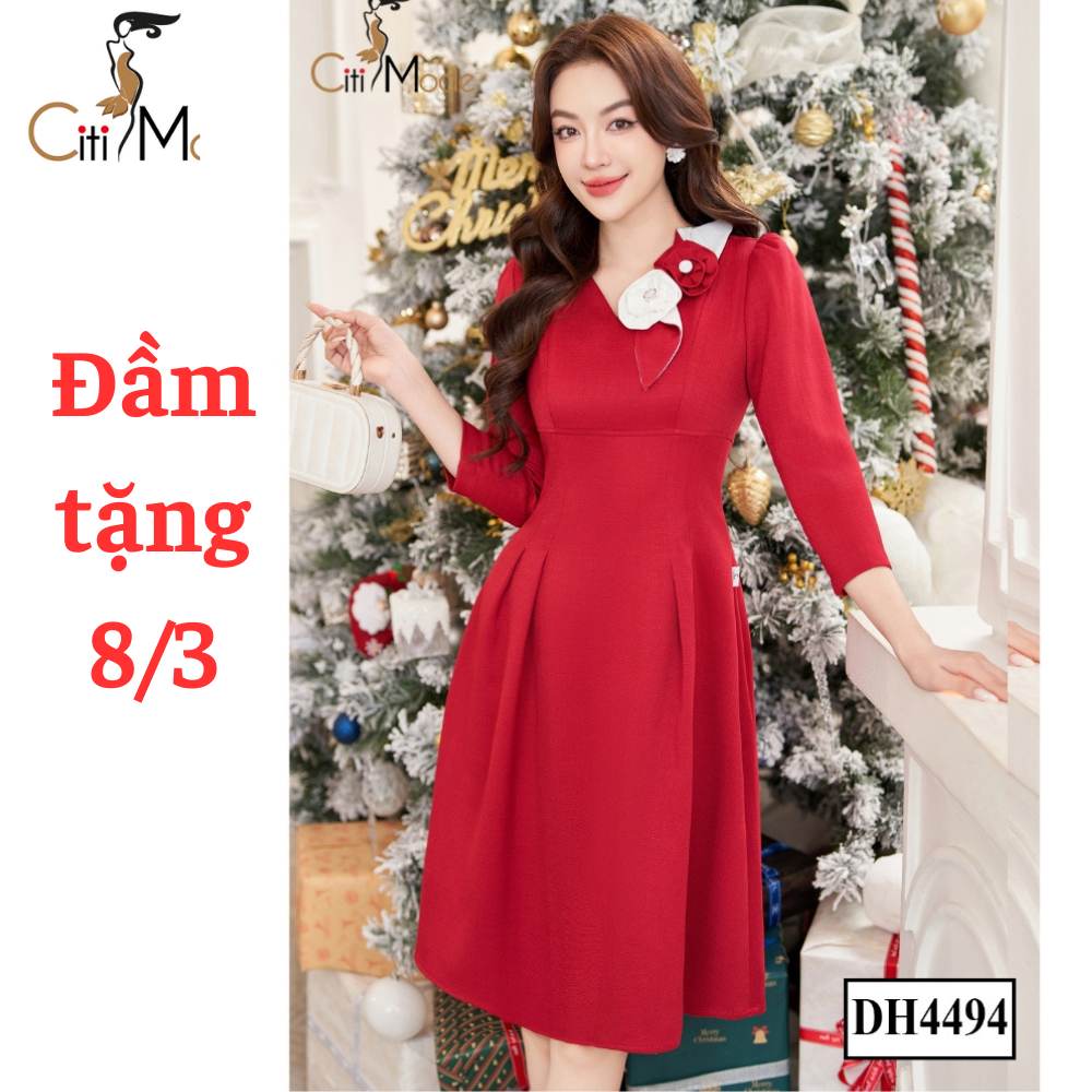 Đầm công sở CITI MODE FASHION thiết kế dáng xoè đỏ cổ V đính hoa DH4494