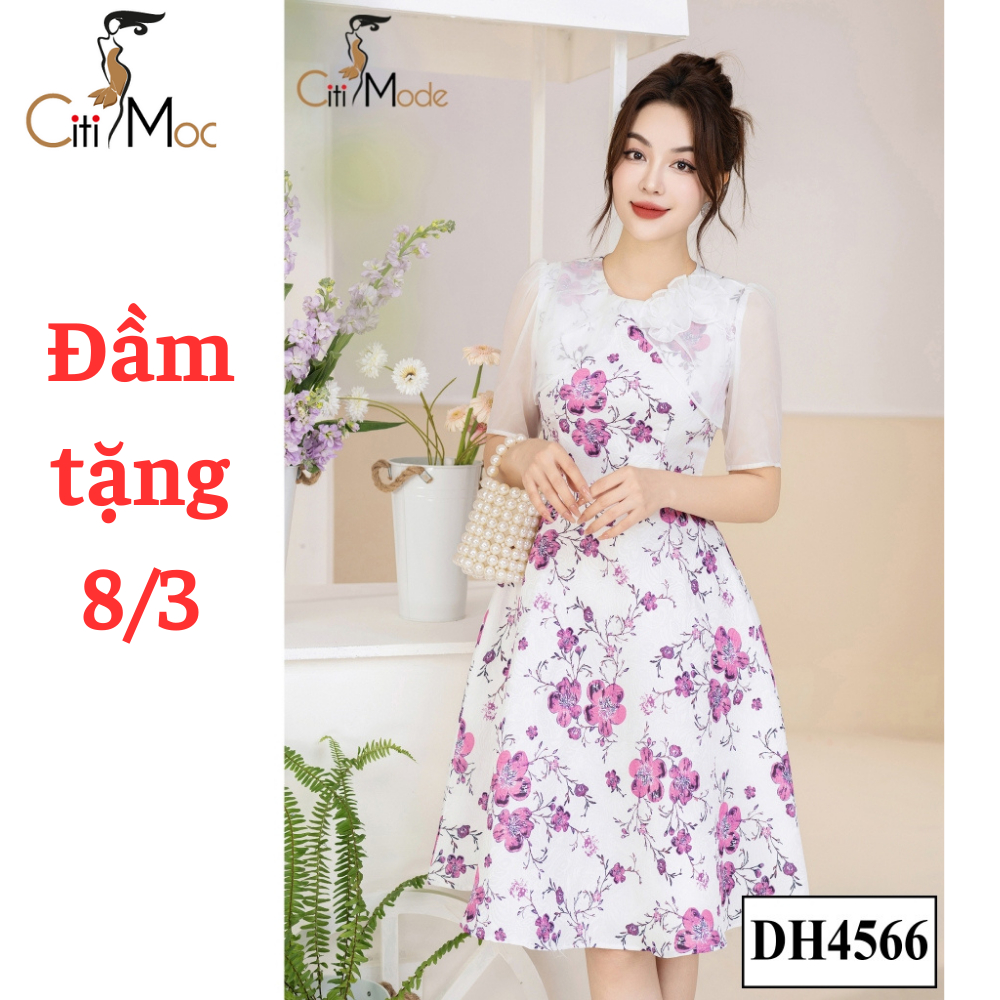 Đầm công sở CITI MODE FASHION thiết kế dáng xoè trắng hoa hồng phối tay voan trắng đính hoa DH4566