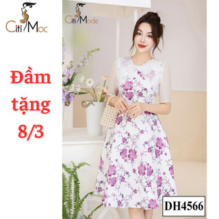 Đầm công sở CITI MODE FASHION thiết kế dáng xoè trắng hoa hồng phối tay voan trắng đính hoa DH4566