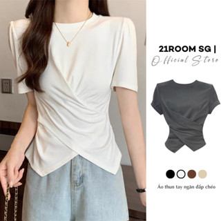 A129 [LOẠI 1]  Áo Thun Nữ Trơn Cổ Tròn Nhúm Eo Vạt Nhọn Chéo Chất Dày Dặn 21ROOM Hách Dáng Cực Xinh