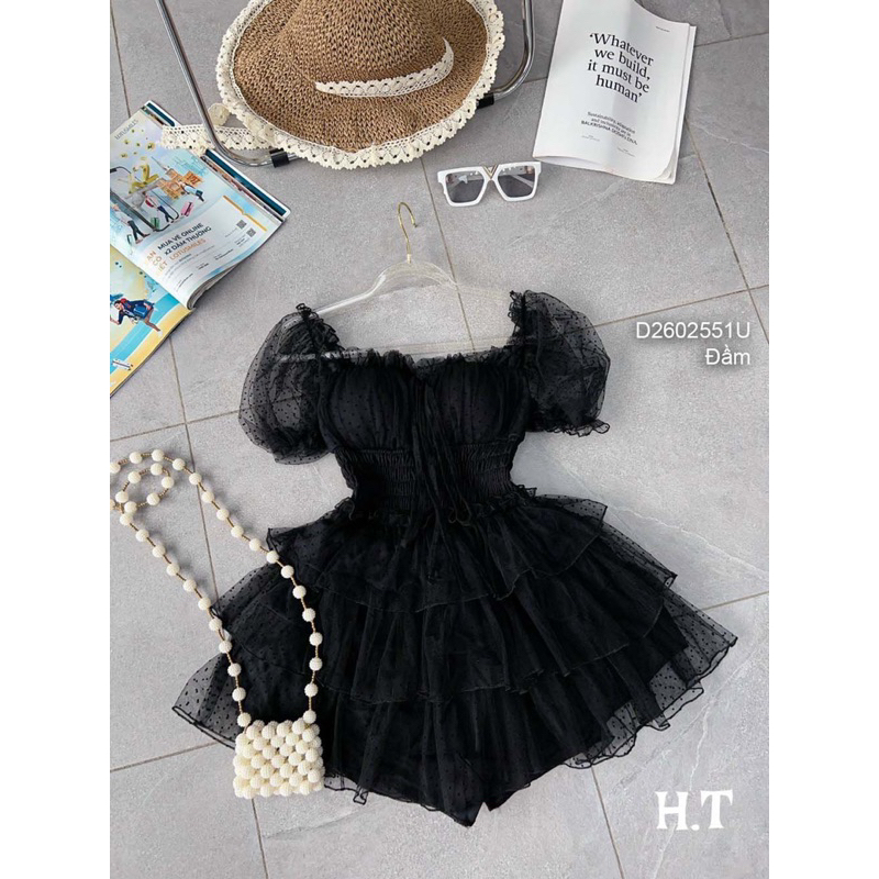Đầm xòe lưới bi tay phồng eo bo chun sang trọng VIENS STORE