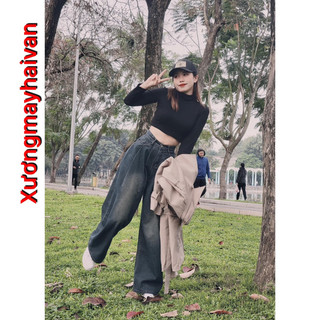 HV - Áo thun dài tay Croptop Cổ Tròn  From Ôm Tôn Dáng Màu Trơn Dễ Phối Đồ