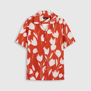   MUA 2 GIẢM 20%  Áo sơ mi nam ROWAY vải lụa thoáng mát form regular Sơ mi họa tiết tulip cam 