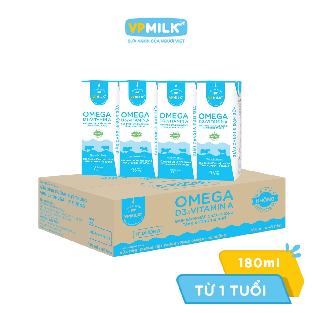 [Thùng 48 HỘP x 180ml] Sữa dinh dưỡng VPMilk Omega ÍT ĐƯỜNG sáng mắt, chắc xương, năng lượng cả ngày