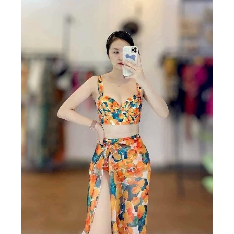 Bikini đồ bơi cao cấp set 3 mảnh gồm áo gọng nâng ngục quần cạp cao nhún che khuyết điểm kèm khoan voan cùng hoạ tiết