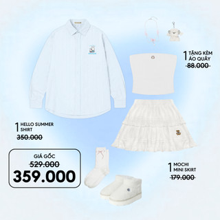  Mua 1 Áo Sơ mi kẻ Xanh Hello Summer và 1 Chân váy Trắng Mochi Kill System