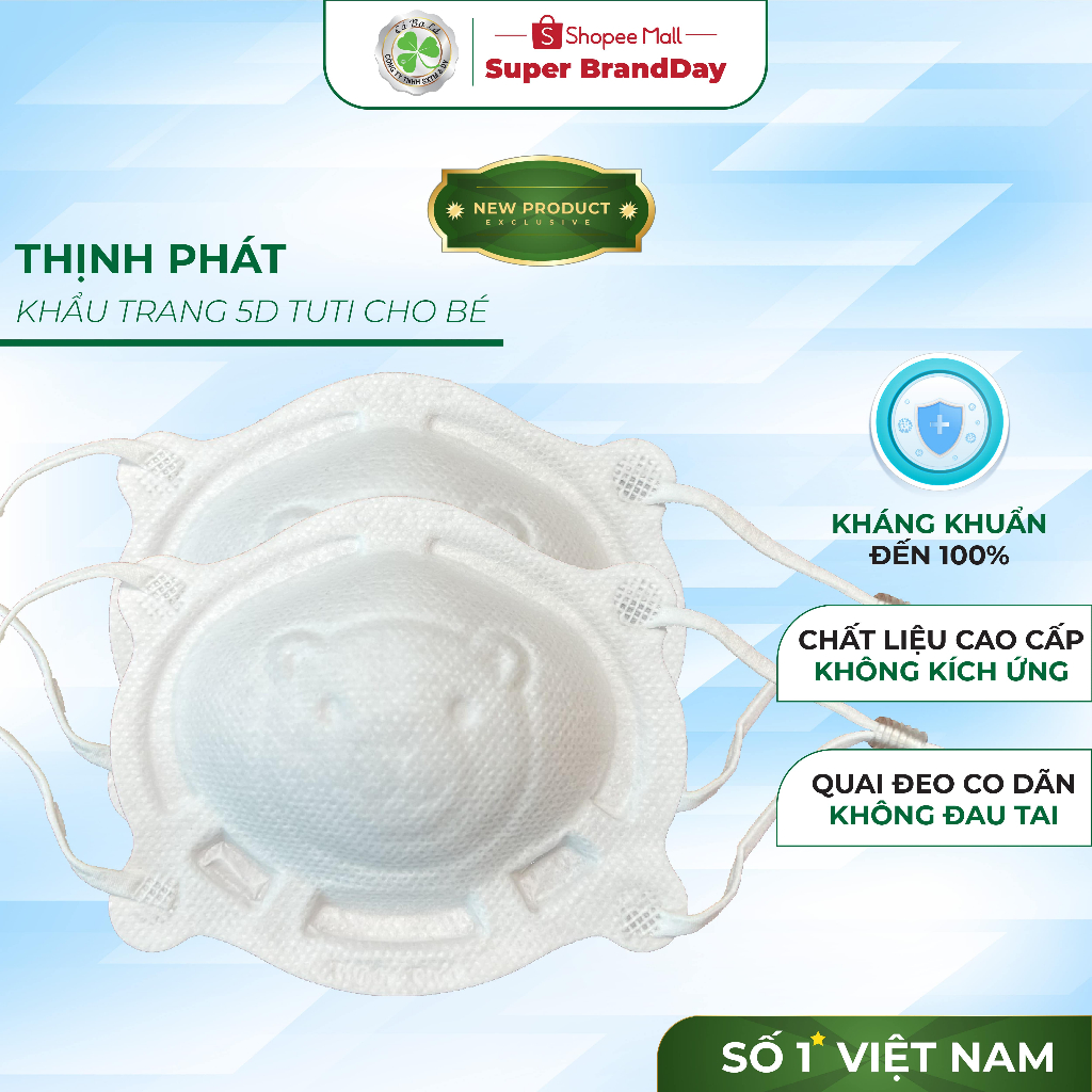 Khẩu trang Gấu màu trắng 36 cái 5D Thịnh Phát TUTI cho bé từ 6 tháng - 3 tuổi an toàn Cỏ Ba Lá