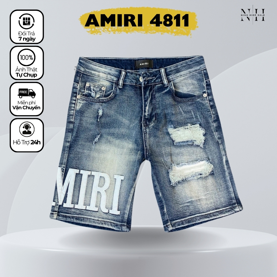 Quần short jeans nam Amiri xanh mài đùi hàng Quảng Châu, Quần sooc bò Amiri xanh cháy phố chất vải co dãn dày dặn 4811