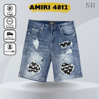 Quần short jeans nam Amiri xanh vá da mềm họa tiết thỏ hàng Quảng Châu,Quần sooc bò Amiri xanh vải co dãn vá da mềm 4812