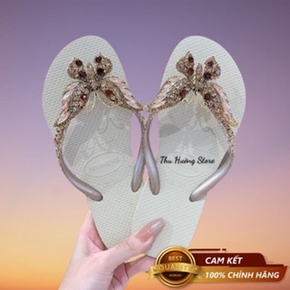 Dép Kẹp Nữ Havaianas Kim Tuyến Đính Bươm' Chúa Hạt Nâu