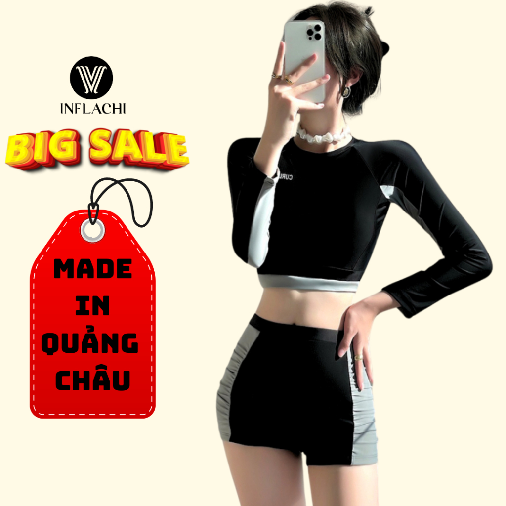 Bikini đi biển cho nữ 2 mảnh INFLACHI áo croptop dài tay chống nắng kèm quần phối màu bên hông xinh xắn 6868 C-25