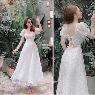 Đầm ren tiểu thư dáng dài hở lưng tay phồng xinh xắn